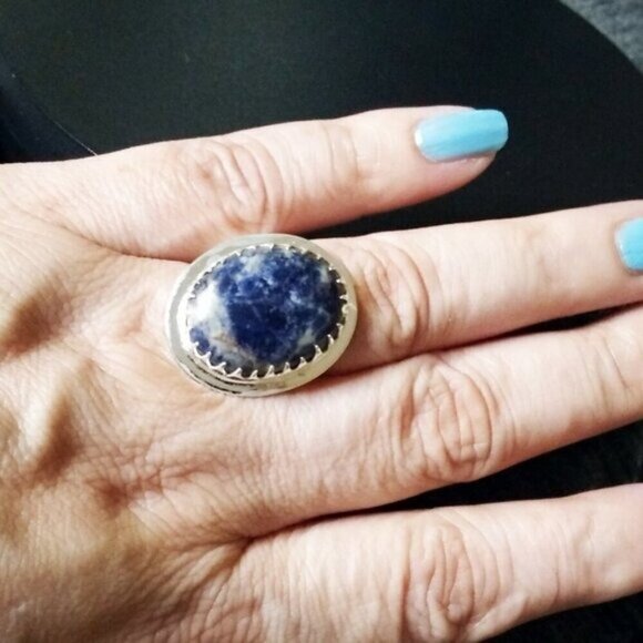 Blue Sodalite Ring - Southwestern Boho Style - Embossed Cigarband Shank Size 8.5 - Picture 7 of 10